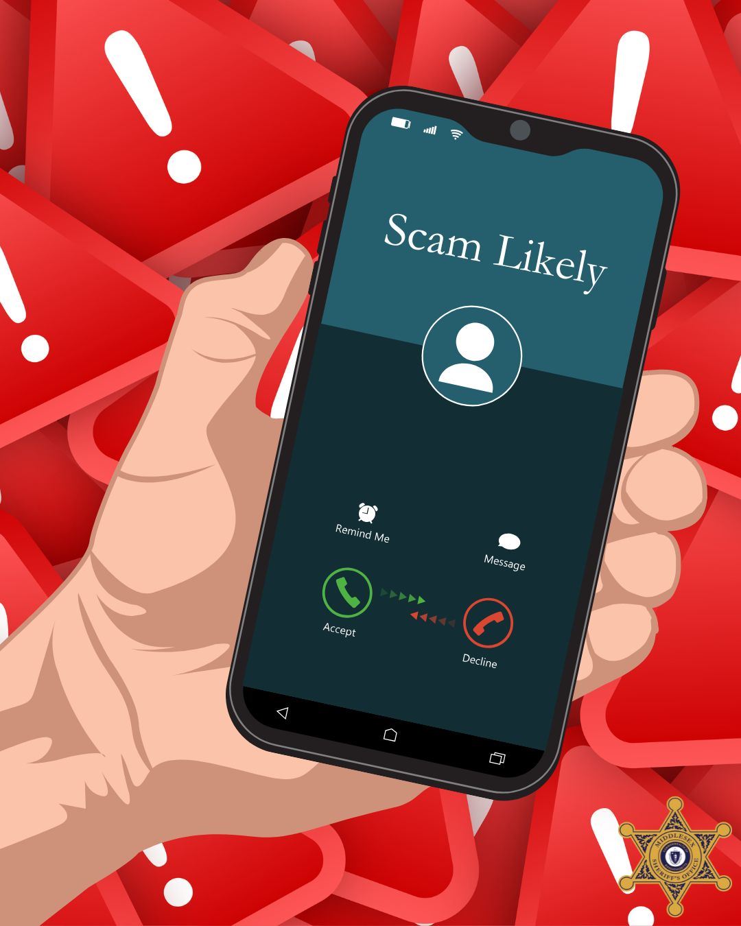 Scam alert graphic has a phone in a hand.