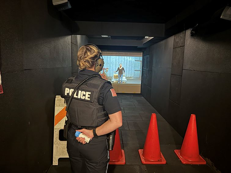 A Lexington police officer participates in scenario-based training.