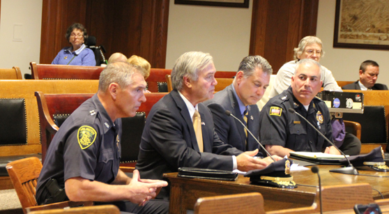  Arlington Police Chief Fred Ryan, State Senator Ken Donnelly, Middlesex Sheriff Peter J. Koutoujian and Bedford Police Chief Robert Bongiorno testify on An Act establishing regional lockup facilities