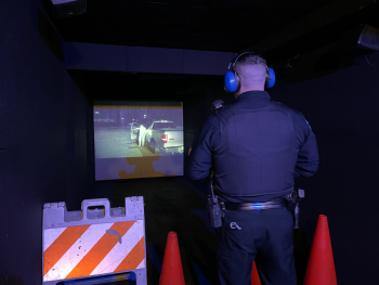 A member of the Billerica Police Department participates in a traffic stop scenario inside the Middlesex Sheriff’s Office Mobile Training Center during the week of February 14-20.  Photo courtesy of the Middlesex Sheriff’s Office