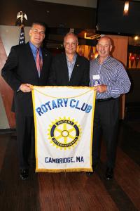 Middlesex Sheriff Peter J. Koutoujian (from left) with Cambridge Rotary Club President Dana McIntyre and Greeter Coordinator Joe Kobialka following the May 19, 2016 meeting.
