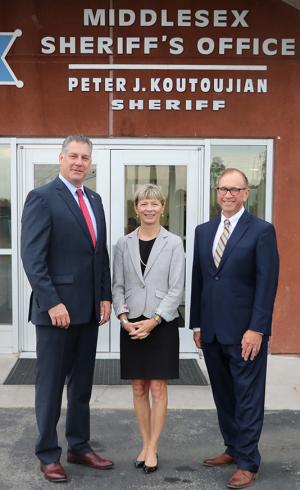  Middlesex Sheriff Peter J. Koutoujian (left) recently welcomed EOHHS Secretary Marylou Sudders (center) to the Middlesex Jail &amp; House of Correction for a meeting.  They were joined by Scott Taberner (right), EOHHS Special Advisor for Behavioral Healthcare and Criminal Justice. 