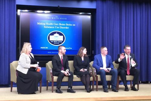 Middlesex Sheriff Peter J. Koutoujian (right) was at the White House on Wednesday, November 30, 2016 to participate in the White House’s Making Health Care Better Series discussion on substance use disorder.  Sheriff Koutoujian joined (from left) Cynthia Reilly, the Director of the Substance Use Prevention and Treatment Initiative at the Pew Charitable Trusts; Dr. Stephen Patrick, Assistant Professor of Pediatrics and Health Policy at Vanderbilt University School of Medicine; Gabrielle de la Gueronniere, Director of Policy at the Legal Action Center; and Harm Reduction Coalition Policy Director Daniel Raymond for a panel entitled “Advancing a Public Health and Public Safety Approach”.
