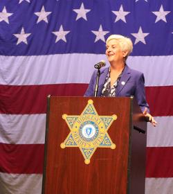 Medford Mayor Stephanie Muccini Burke addresses YPSA cadets.