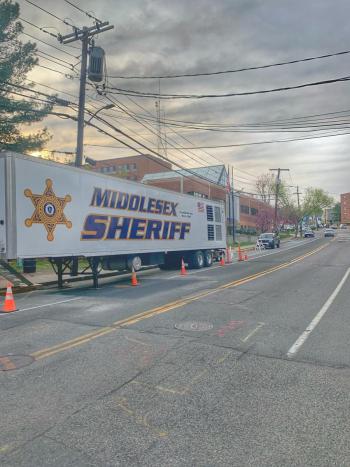 Middlesex Sheriff's Office Mobile Training Center outside the Arlington Police Headquarters.