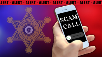 Graphic with the word Alert repeating across the top, a phone with the words scam call and a Middlesex Sheriff's Office logo.