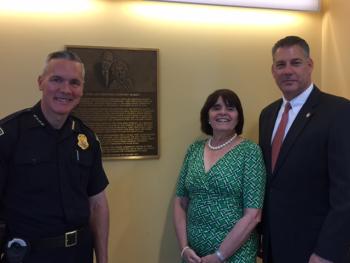 Malden Police Chief Kevin Molis (from left) with Middlesex District Attorney Marian Ryan and Middlesex Sheriff Peter J. Koutoujian following a senior safety seminar in Malden.