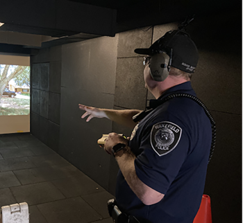 A member of the Wakefield Police Department participates in interactive, scenario-based training on the Middlesex Sheriff’s Office Mobile Training Center on Thursday, October 21, 2021.